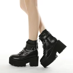 Platform PU Chains Lace Up Chunky Heels Ankle Booties