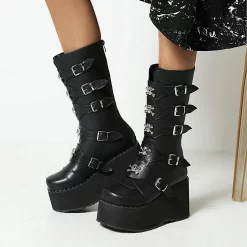 Buckle Straps Skull Decoration Monoblock Wedges Platform Boots