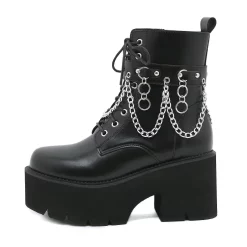 Statement Lace Up Rivets Strap With Chains Decoration Side Zipper Platform Boots