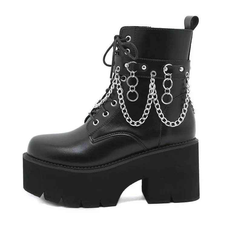 Statement Lace Up Rivets Strap With Chains Decoration Side Zipper Platform Boots 3 Statement Lace Up Rivets Strap With Chains Decoration Side Zipper Platform Boots