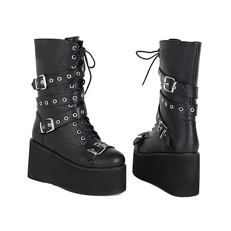 Punk Round Toe Platform PU Buckle Wedge Lace Up Martin Mid Calf Boots - Image 6