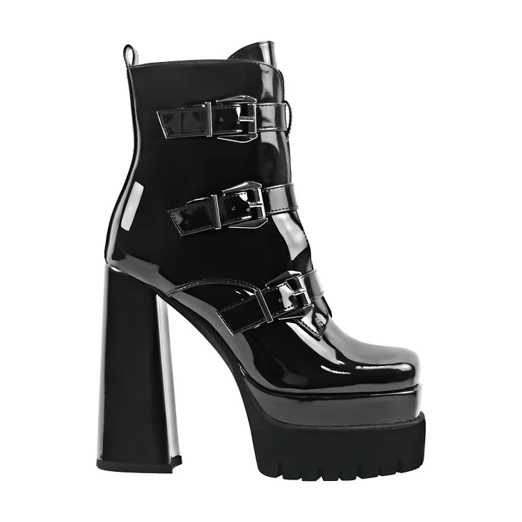 Black Buckle Straps Decoration Square Toe High Chunky Heel Platform Boots - Image 3