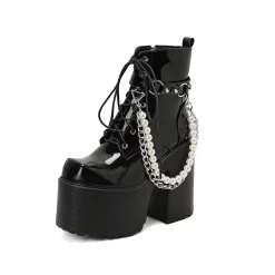 Square Toe Detachable Pearls & Chain Decoration Fleece Platform Boots