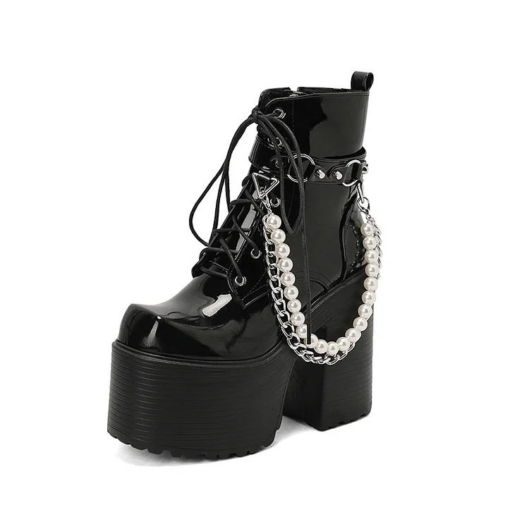 Square Toe Detachable Pearls & Chain Decoration Fleece Platform Boots 3 Square Toe Detachable Pearls & Chain Decoration Fleece Platform Boots
