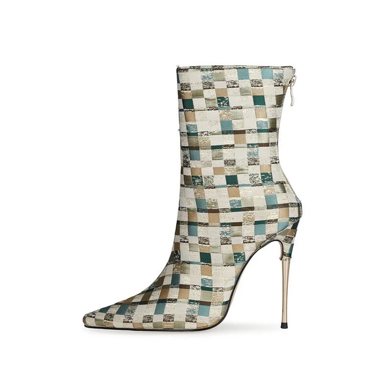 Elegant Party Checkered Pointed Toe Stiletto Boots - Image 2