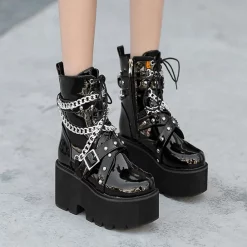 Patent Leather Lace Up Platform Ankle Boots