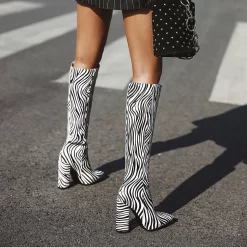 Novelty Platform Zebra Pattern Chunky Heel Pointed Toe Boots