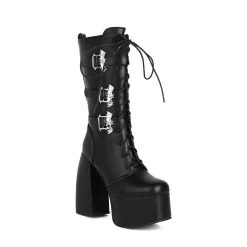 Punk Bat Buckle Straps Lace Up Round Toe High Chunky Heel Platform Boots