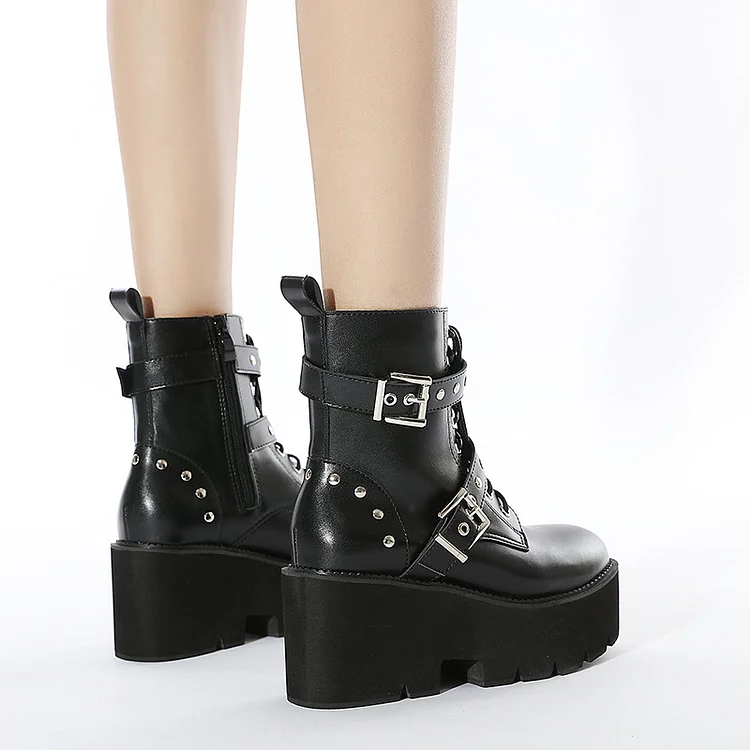 Round Toe Buckles Lace Up Patent Leather Chunky Heels Ankle Boots - Image 3