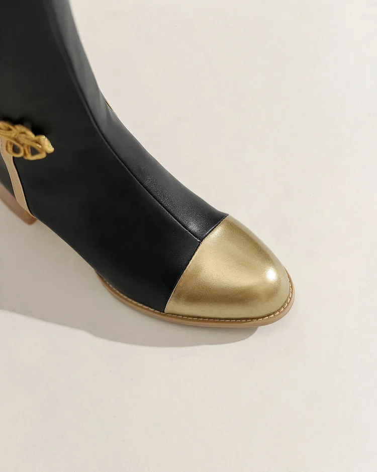 NEW Color Block Buckle Frogs Side Zipper Chunky Heel Knee High Boots - Image 6