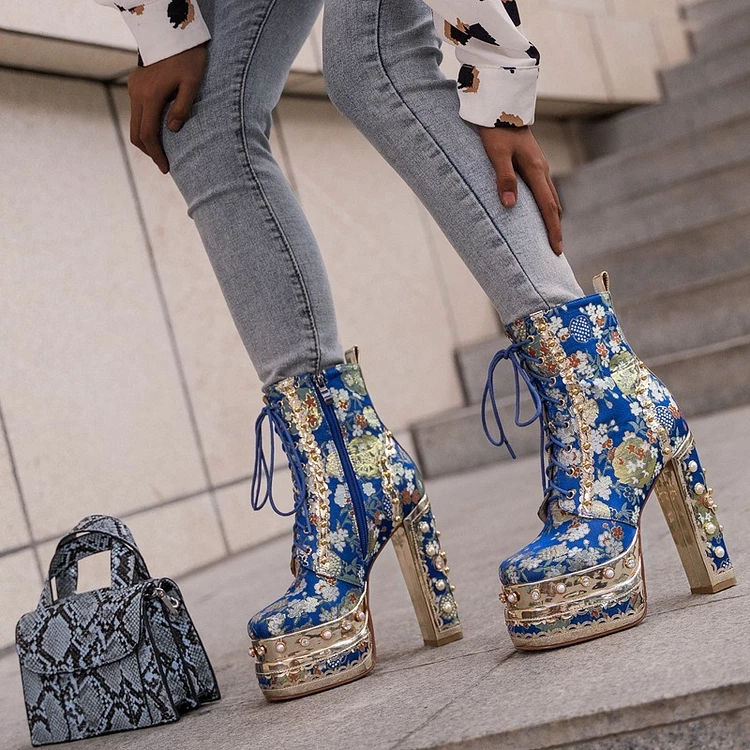 Wedding Fashion Hand-set Diamonds Rhinestone Blue Silk Lace Up Platform Chunky Heel Ankle Boots 4 Wedding Fashion Hand-set Diamonds Rhinestone Blue Silk Lace Up Platform Chunky Heel Ankle Boots - Image 2