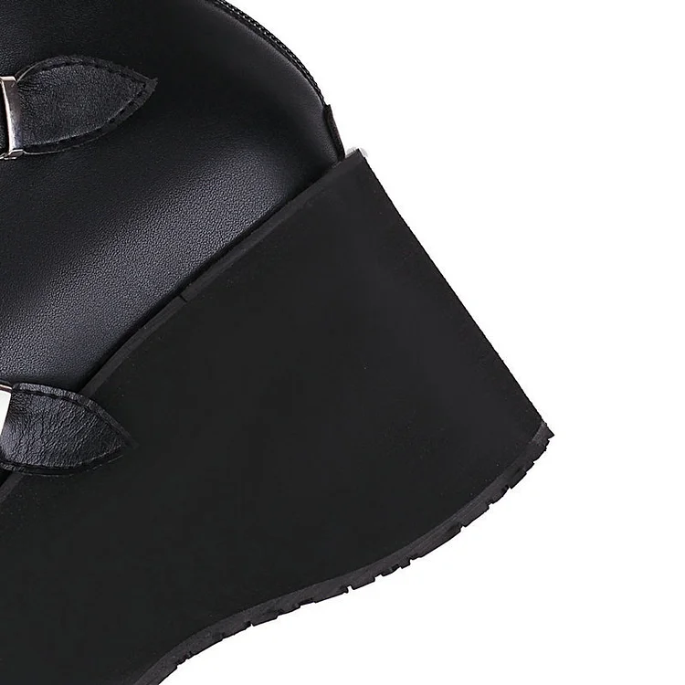 Buckle Straps Skull Decoration Monoblock Wedges Platform Boots - Image 5