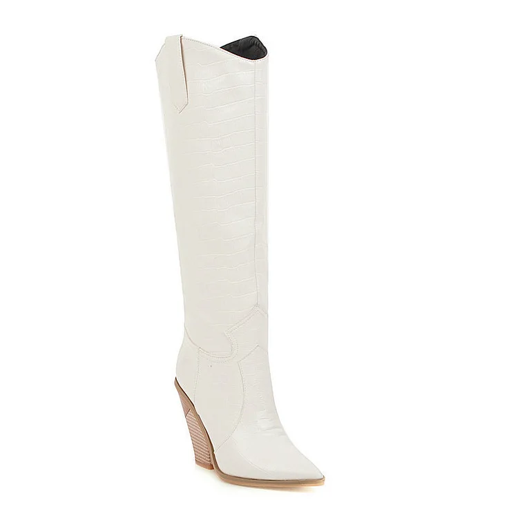 Leisure Leather Pointed Toe Wooden Chunky Heel Cowboy Boots - Image 3