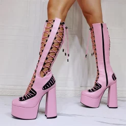 Statement Cutout Lace Up Pointed Toe Side Zipper Paneled Knee High Boots