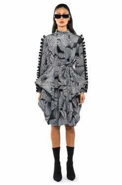 ABSTRACT PRINT BELTED LONG SLEEVE MIDI DRESS