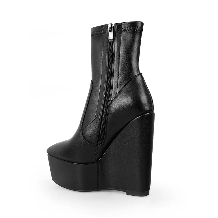 Statement Paneled Zipper Pointed Toe Wedge Platform Boots - Image 2