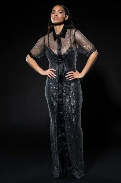 ALL EYES SPARKLE RHINESTONE POLO MAXI DRESS