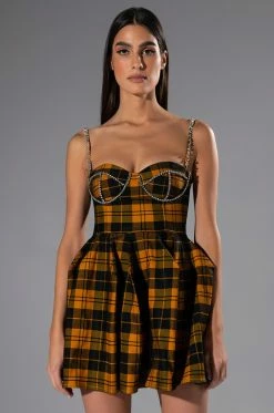 ANGEL BABY RHINESTONE DETAIL CORSET PLAID MINI DRESS