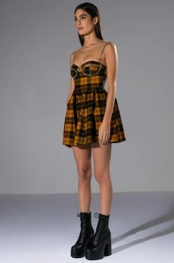 ANGEL BABY RHINESTONE DETAIL CORSET PLAID MINI DRESS -AKIRA Shop angel baby rhinestone detail corset plaid mini dress yellow multi 4 4 c1
