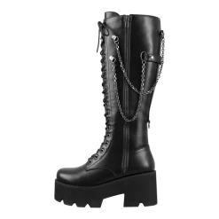 Motor Girl Knight's Style Chain-trimmed Round Toe Platform Knee High Boots