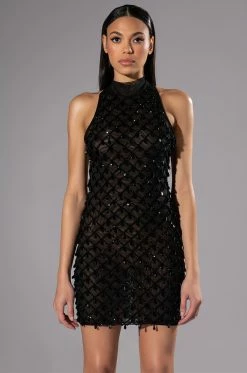 BEAUTIFUL MISTAKES MOCK NECK LOW BACK BEADED MINI DRESS