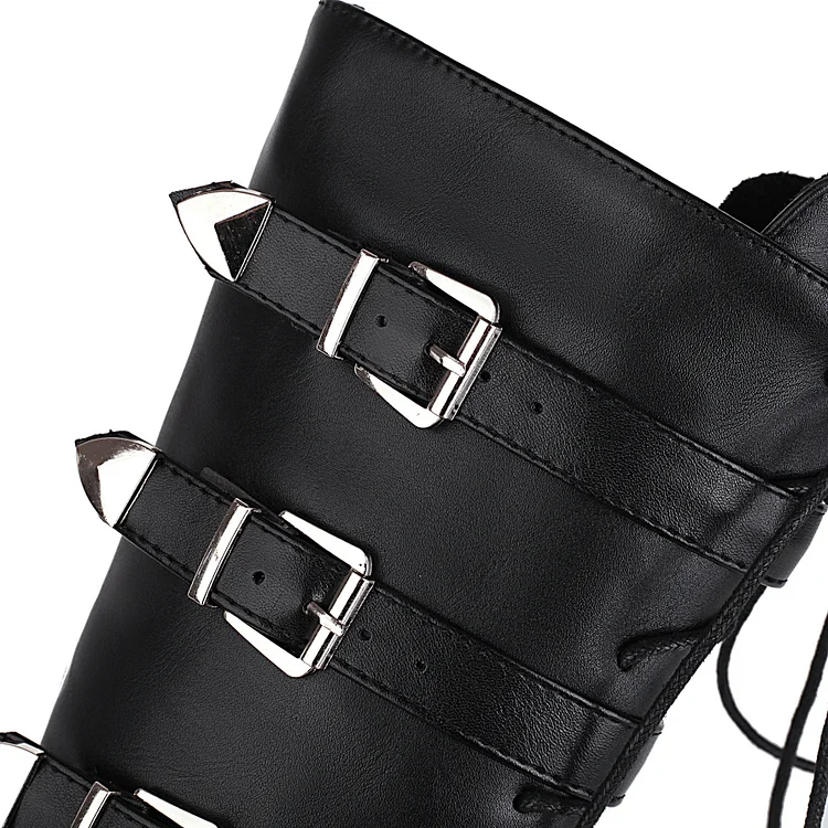Statement Lace Up Straps High Chunky Heel Boots 8 Statement Lace Up Straps High Chunky Heel Boots - Image 6