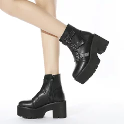 Platform Buckles Zipper Chunky Heels PU Ankle Booties
