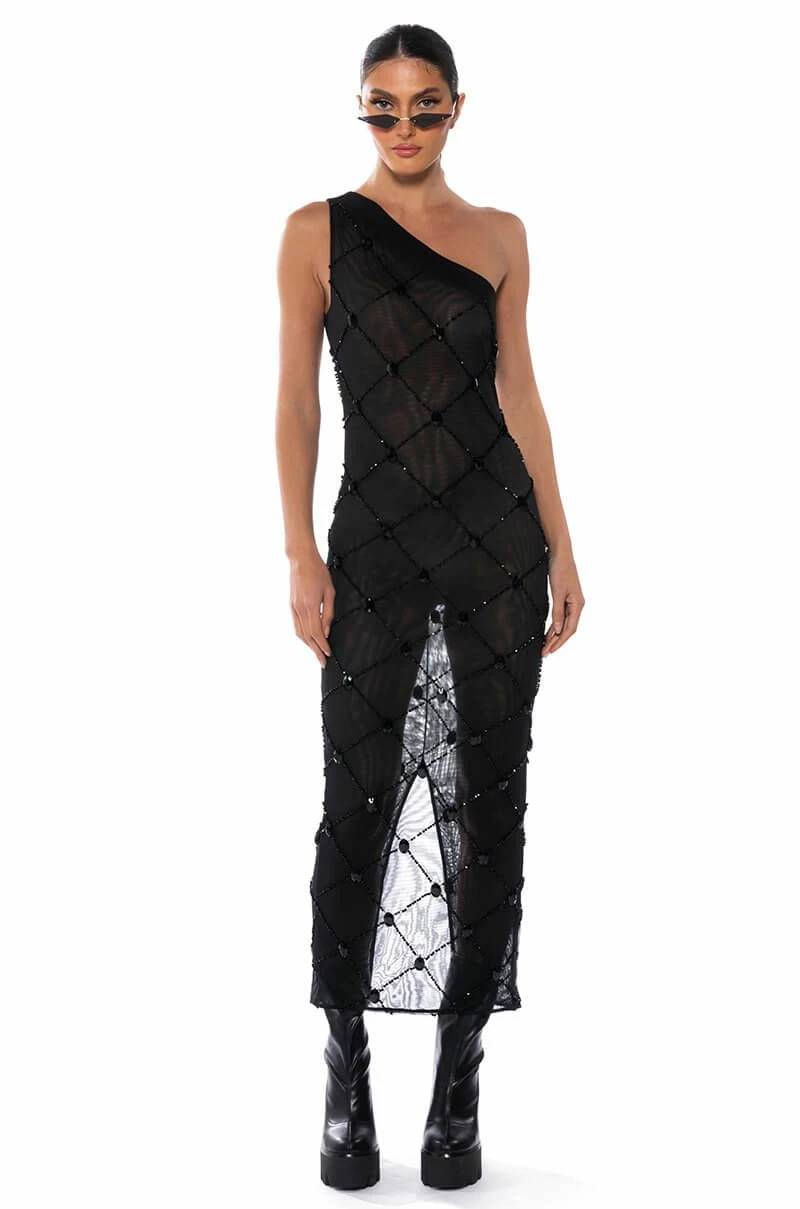 CROSS ME MESH RHINESTONE DRESS IN BLACK