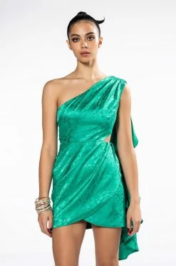 CURTAIN CALL ONE SHOULDER CASCADING SLEEVE SATIN MINI DRESS -AKIRA Shop curtain call one shoulder cascading sleeve satin mini dress green 3 3