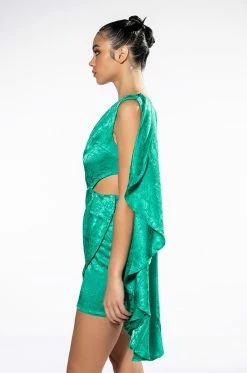 CURTAIN CALL ONE SHOULDER CASCADING SLEEVE SATIN MINI DRESS -AKIRA Shop curtain call one shoulder cascading sleeve satin mini dress green 4 4
