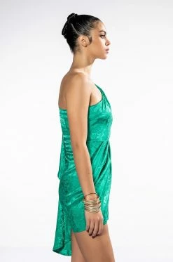 CURTAIN CALL ONE SHOULDER CASCADING SLEEVE SATIN MINI DRESS -AKIRA Shop curtain call one shoulder cascading sleeve satin mini dress green 5 5