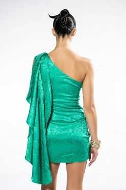 CURTAIN CALL ONE SHOULDER CASCADING SLEEVE SATIN MINI DRESS -AKIRA Shop curtain call one shoulder cascading sleeve satin mini dress green 6 6