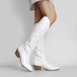 White Embroidery Wooden Heel Western Boots