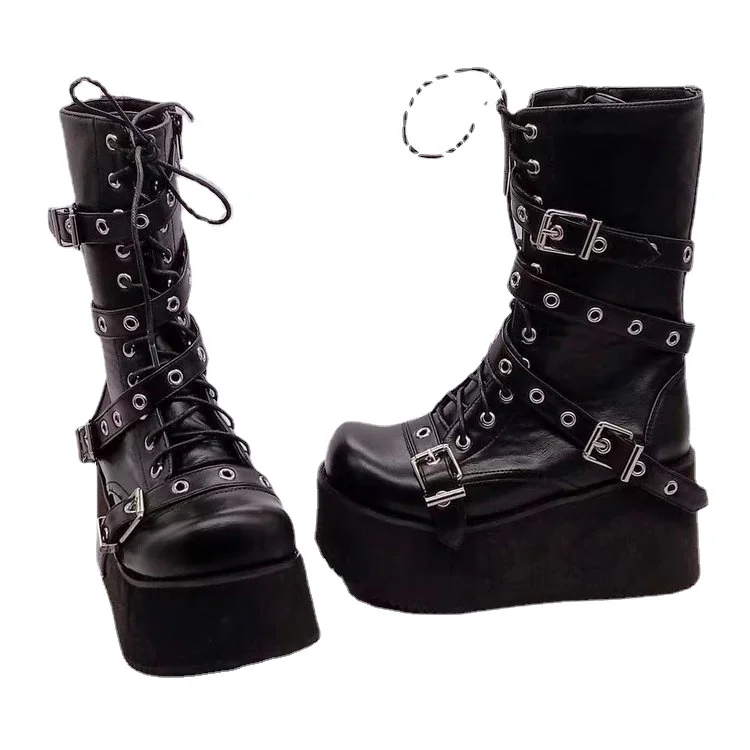 Punk Round Toe Platform PU Buckle Wedge Lace Up Martin Mid Calf Boots - Image 5