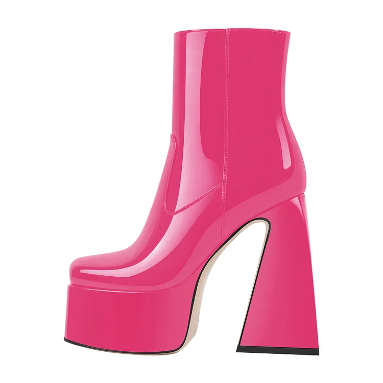 Statement Side Zipper Solid Color Patent Leather Chunky Heel Platform Boots - Image 4