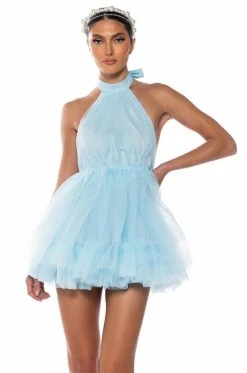 DARLING DIVA TULLE HALTER NECK MINI DRESS IN LIGHT BLUE