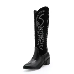 Retro Embroidery Chunky Heel Pointed Toe Knee High Boots