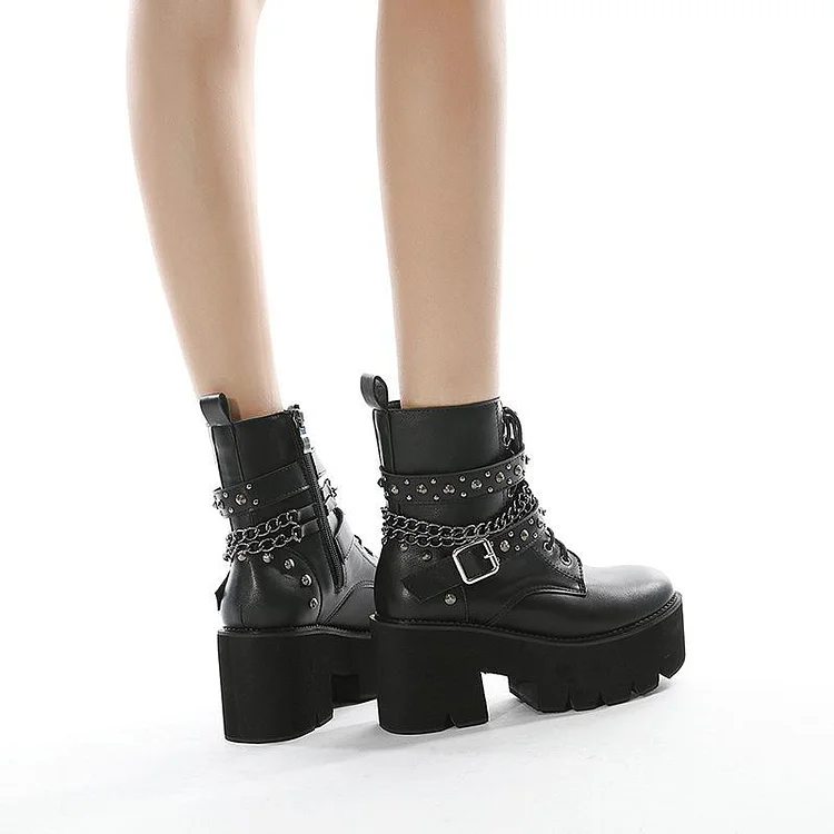 Rivet Buckle Platform Chunky Boots - Image 4