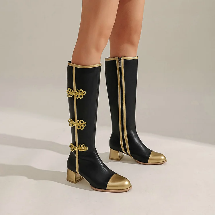 NEW Color Block Buckle Frogs Side Zipper Chunky Heel Knee High Boots - Image 5