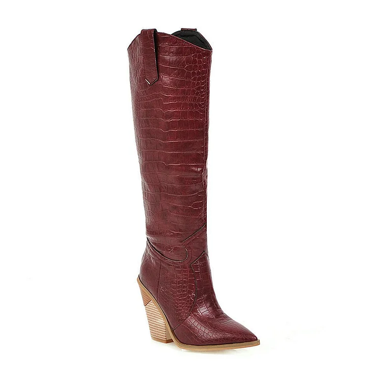 Leisure Leather Pointed Toe Wooden Chunky Heel Cowboy Boots - Image 2