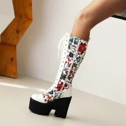 Trendy Floral Embroidered Paneled Round Toe Chunky Heel Fleeced Platform Boots