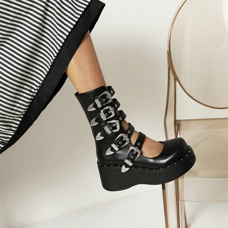 Punk Metallic Cutout Rivets Straps Platform Sandals - Image 2