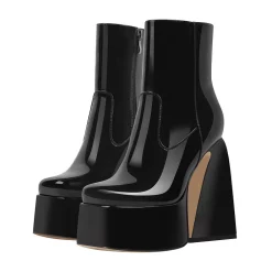 Statement Side Zipper Solid Color Patent Leather Chunky Heel Platform Boots