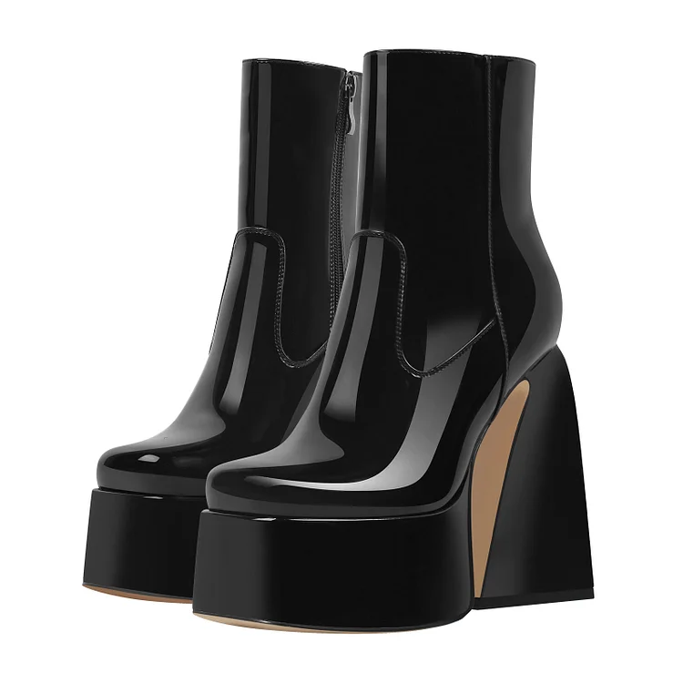 Statement Side Zipper Solid Color Patent Leather Chunky Heel Platform Boots