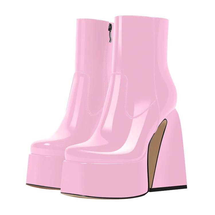 Statement Side Zipper Solid Color Patent Leather Chunky Heel Platform Boots - Image 3