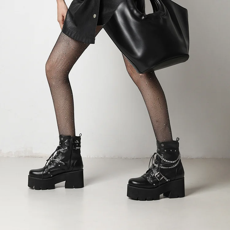 Metallic Square Toe Chain Straps Rivets Chunky Heel Boots 4 Metallic Square Toe Chain Straps Rivets Chunky Heel Boots - Image 2