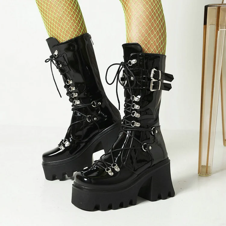 Statement Metallic Straps Lace Up Back Zipper Platform Boots - Image 2