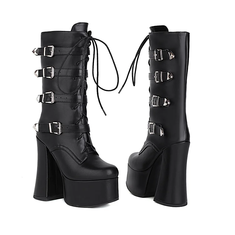 Statement Lace Up Straps High Chunky Heel Boots 6 Statement Lace Up Straps High Chunky Heel Boots - Image 4