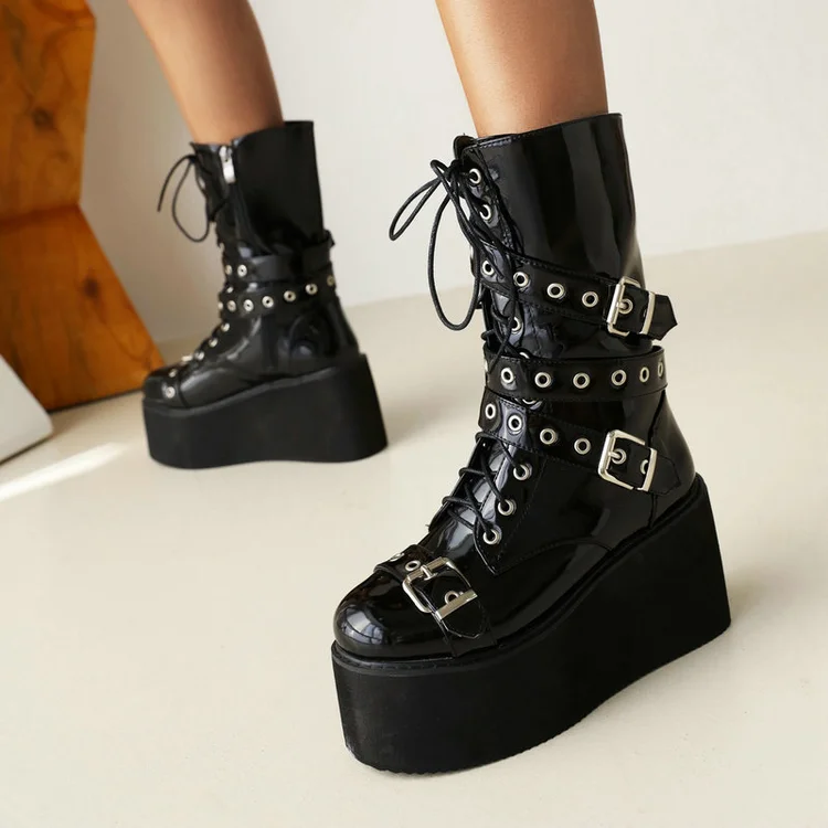 Punk Round Toe Platform PU Buckle Wedge Lace Up Martin Mid Calf Boots - Image 2
