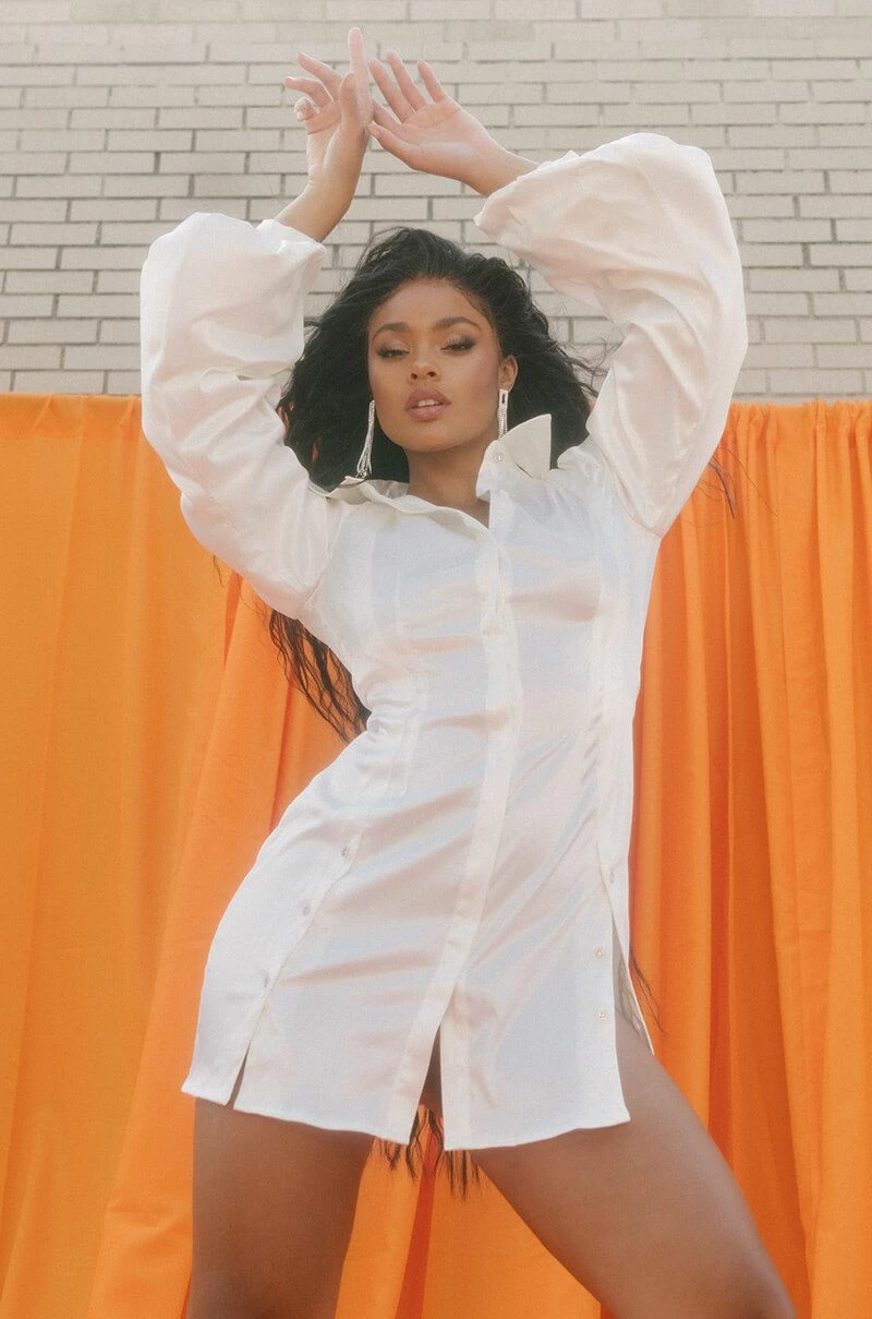 GOLDEN LOOKS BUTTON UP MINI DRESS WITH FASHION SLEEVES - Image 2